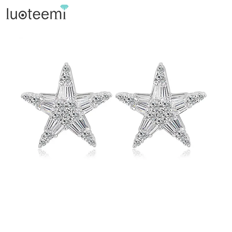 LUOTEEMI 새로운 패션 절묘한 디자인 럭셔리 로듐 CZ 크리스탈 스타 매력 스터드 귀걸이