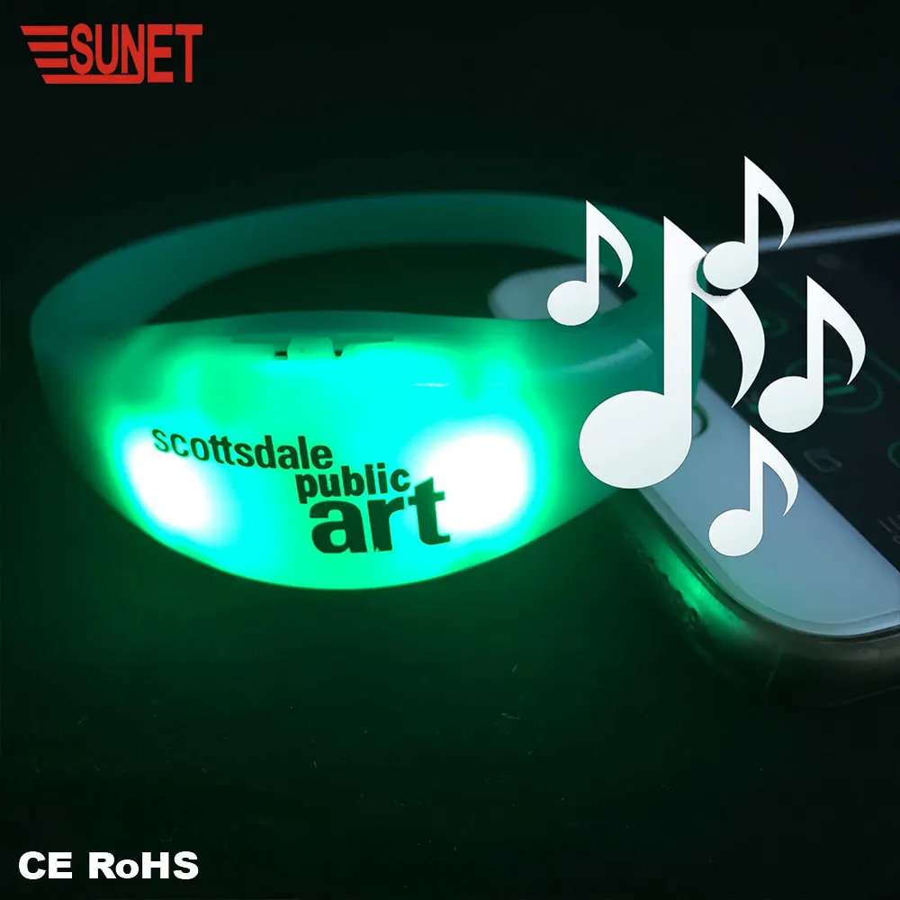 Sunjet pulseira de silicone ativado por som, pulseira de silicone ativada por som para festa, logotipo personalizado, concerto, pulseira de led