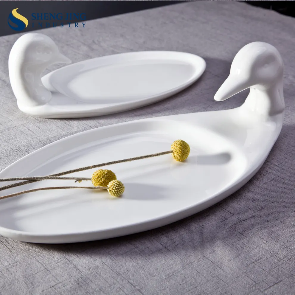 Plato de cena ovalado blanco de 11 "13" 16 "18", Plato de cerámica pulido con forma de pato y ganso para Catering