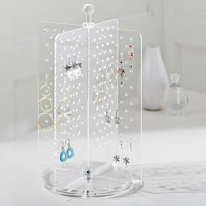 Porte-boucle d'oreille en acrylique transparent rotatif avec support de présentoir de bijoux Lucite à 4 panneaux pour les magasins