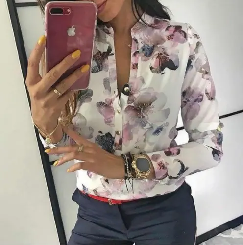 2023 mulheres elegante blusa, design de botão, camisa de manga comprida, top básico, senhoras, blusa estampada floral