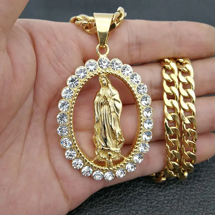 Trang Sức Tôn Giáo Châu Âu Vàng Virgin Mary Vòng Cổ Pave Crystal Thép Không Gỉ Virgin Mary Mặt Dây Chuyền Vòng Cổ