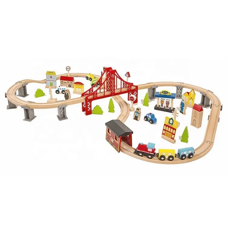 Atacado barato 70 pcs ferroviária de madeira conjuntos de trem de brinquedo educativo para crianças W04C073