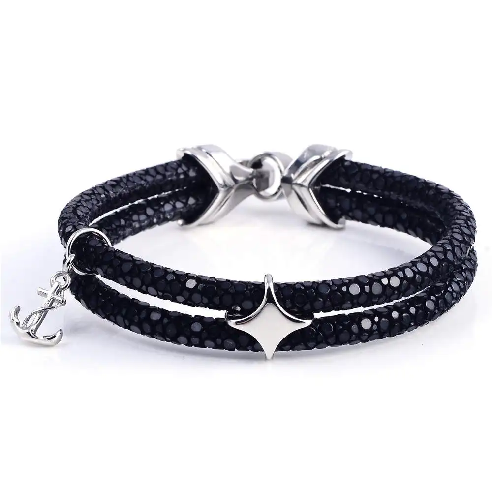 Pulsera de cuero para hombre, doble capa, diamantes, Stingray