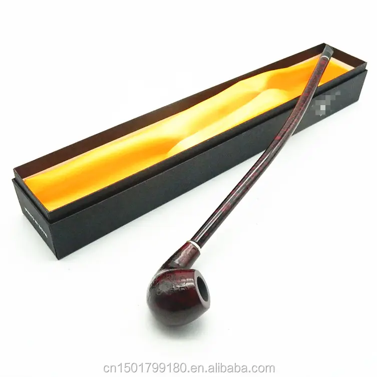 EKJ-705L Length 410MM Red Color Flowers Carved Wooden Smoking Pipes Solid Wood Long Tobacco Pipes Wholesale