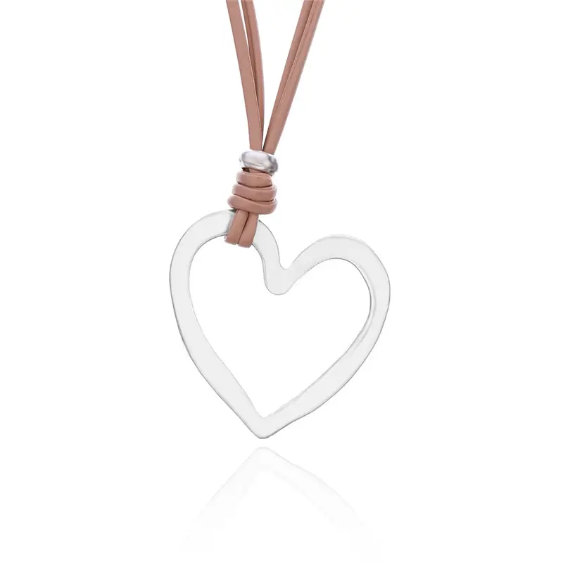 Simple Big Silver Heart Pendant Necklace for Women Long Gray Pink Leather Chain Vintage Necklace Fashion Jewelry Necklace XL0850