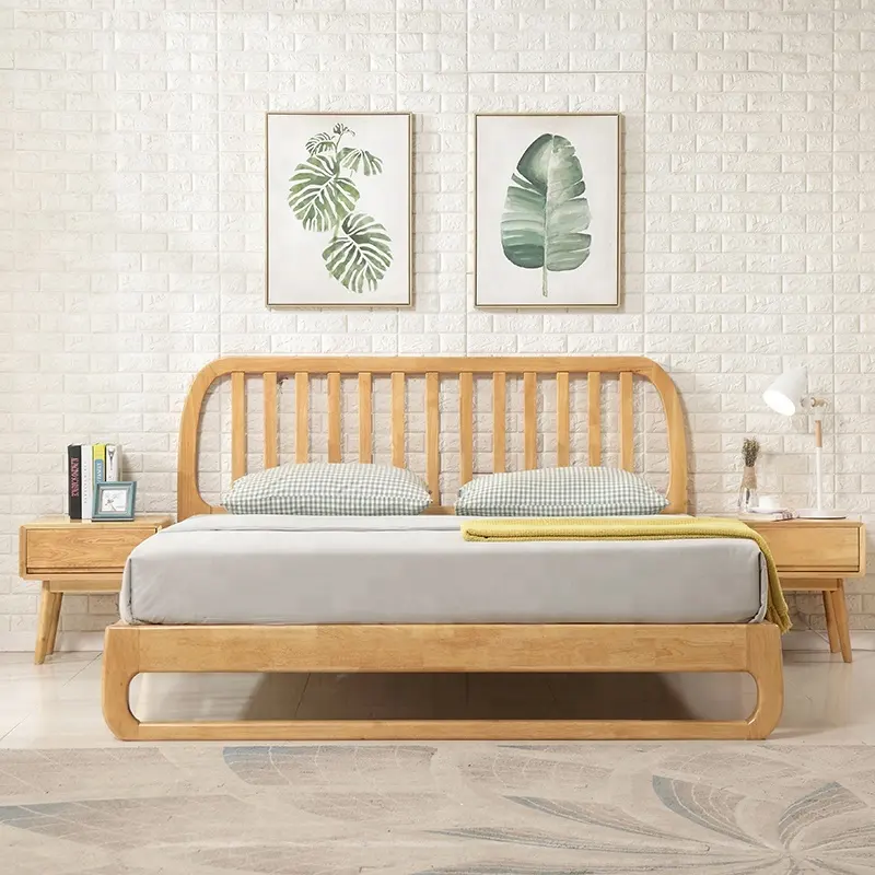 Precio barato moderno diseños de madera maciza doble reina tamaño cama