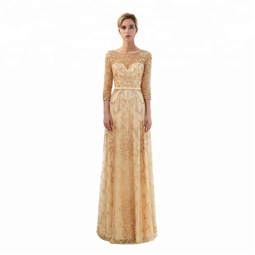 Alibaba See Through gold paillettes Lace 3/4 sleeve prom gowns applique abiti da sera a sirena con perline 2021