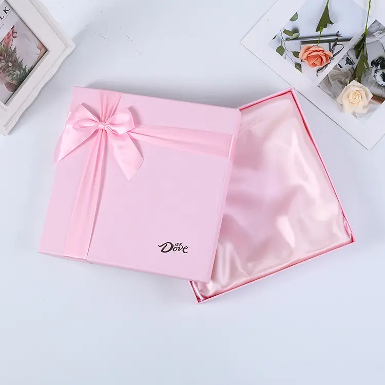 Pink square candy/chocolate packaging gift box with bow scarf