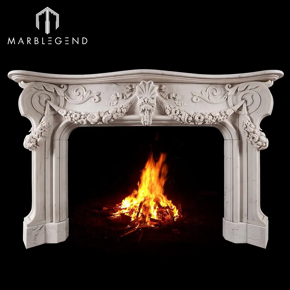 Cheminée en marbre personnalisé, décor de cheminée en marbre classique sculpté de style Baroque italien, prix d'usine