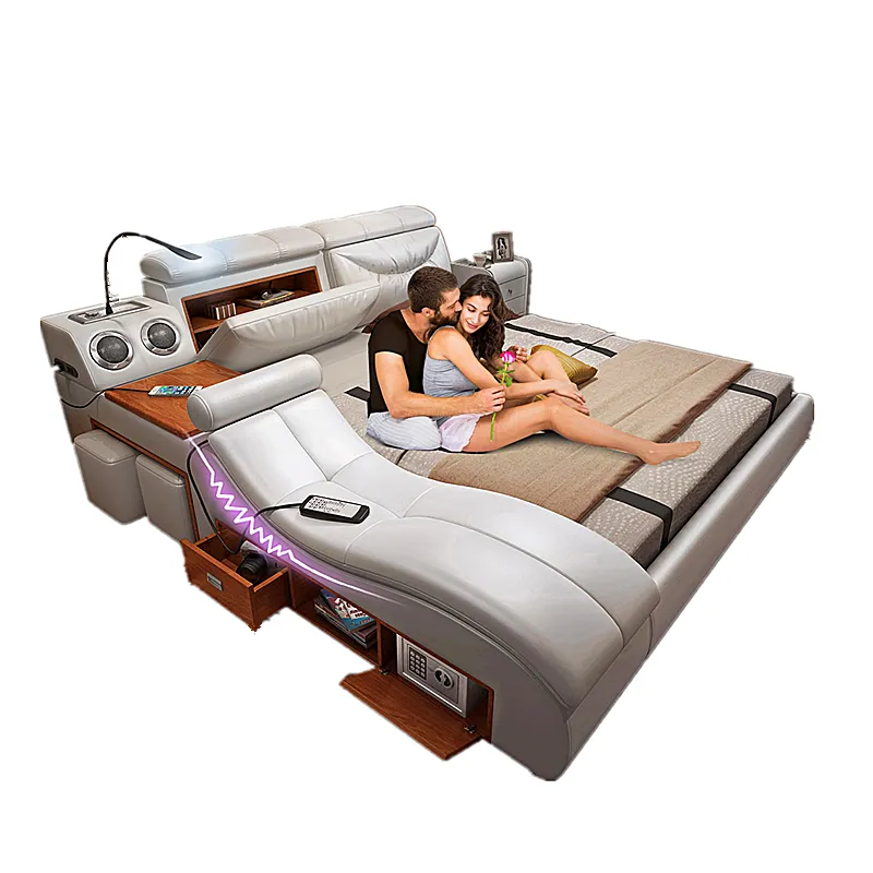 Cama king size moderna, massageador multifuncional de couro macio com luz led & usb