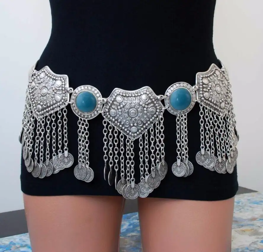 Turki Gypsy Perak Perut Rantai BoHo Etnis Perhiasan Sexy Bikini Pinggang Dance Koin Gaun Sabuk Tindik Perut Suku Perhiasan