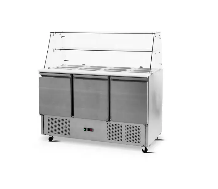 Refrigerador de barra de ensalada con enfriamiento estático de 3 puertas, sándwich de Vidrio Curvo, mesa de preparación, refrigerador refrigerado