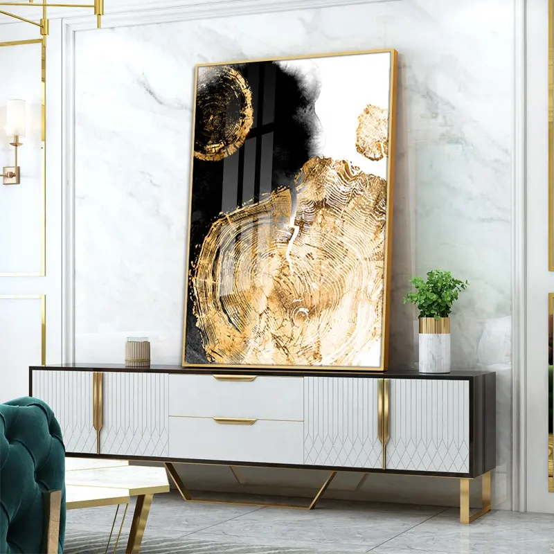 Pintura de pared decorativa abstracta de porcelana de cristal, arte de oro negro, para pared de sala de estar, decoración del hogar