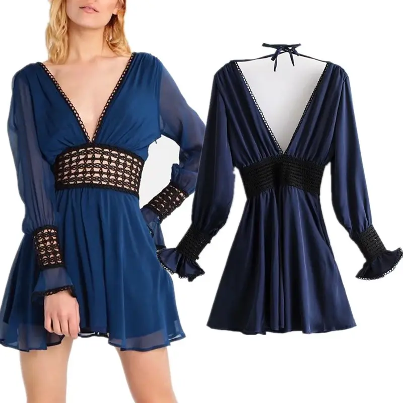 OEM ODM abbigliamento donna Sexy See Through Navy manica lunga scollo a V profondo BOHO Beach Dress