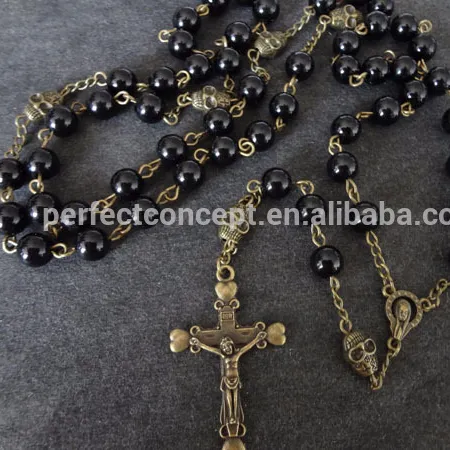 Promotion custom skull rosary cross pendant beaded necklace