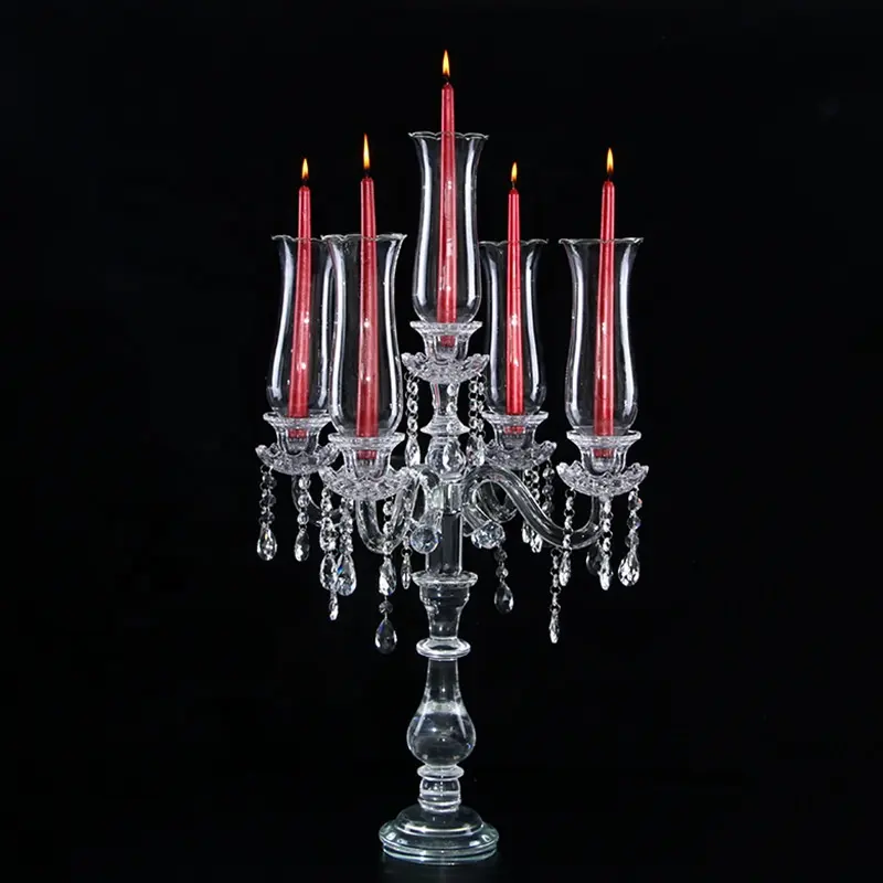Candelabros de vidro barato, suporte de velas de cristal, 5 braços de vidro alto, tabela de casamento/centro de mesa de casamento, castiçal de vidro