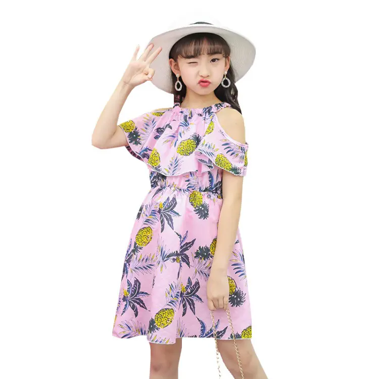 Hao Baby Summer Girl Dress bambini ragazza sezione sottile Chiffon ananas che perde capretto spalla abito gonna lunga