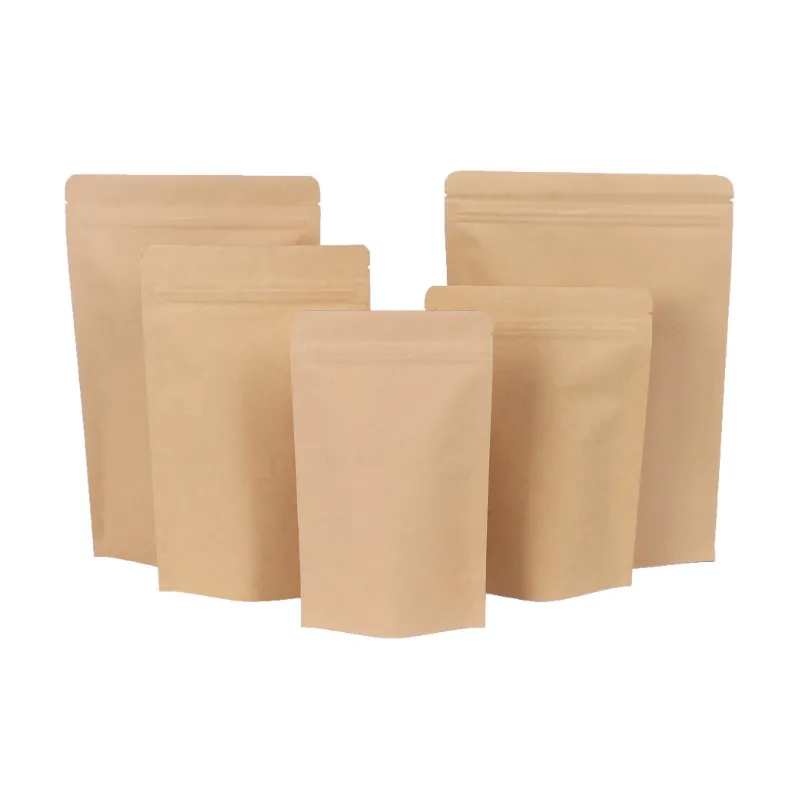 Basso MOQ compostabile marrone carta Kraft chiusura con Zip Doypack sacchetto di alluminio Mylar con cerniera per tè caffè cibo Logo personalizzabile