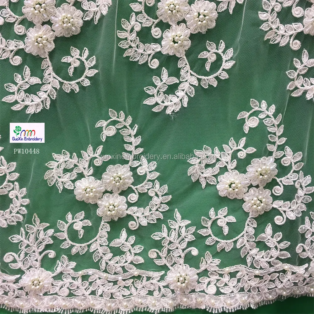 Encaje con cuentas de flores elegante patrón tradicional chino/Tela de encaje con lentejuelas con cuentas de tul agradable para vestido de boda al por mayor