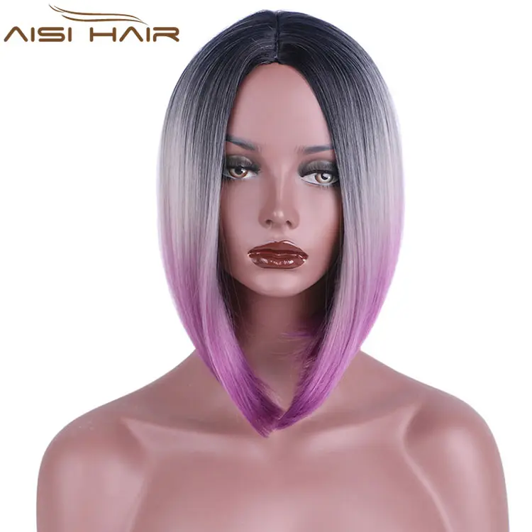 Aisi Hair Good quality Wholesale Cheap Price Short Straight Ombre Grey Purple Synthetic Bob Wigs For Black Women