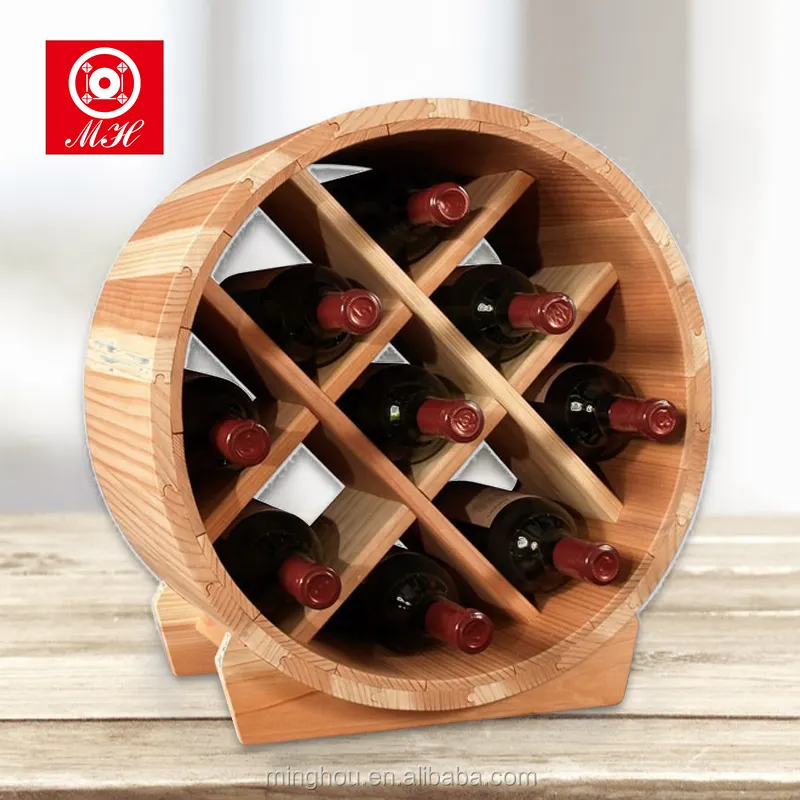 Wooden Barrel Wine Rack Free Standing Wine Display Rack Round Wine Bottle Holder