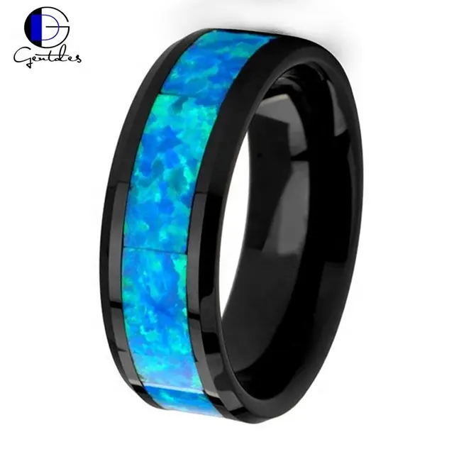 Gentdes Jewelry Bague en céramique noire avec incrustation d'opale bleue verte 6 mm Bague de fiançailles homme femme