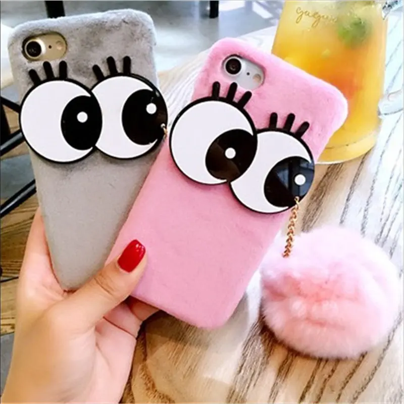 Funda de teléfono móvil de plástico esponjoso para iphone 6 6s plus, ojos sexys, colores pastel, con bola de pelo a la moda