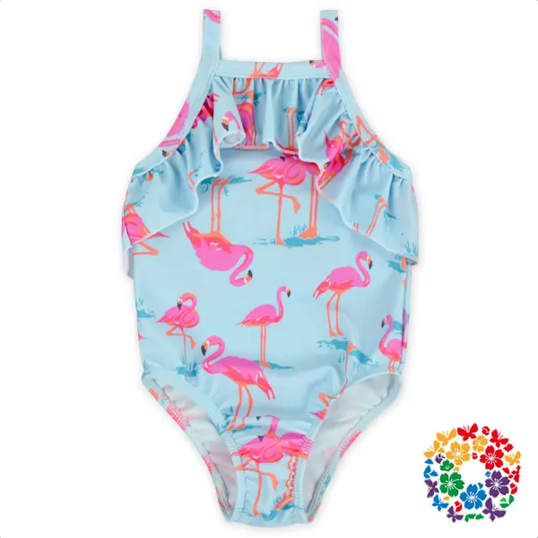 Venda quente de Verão Rosa Flamingo Impresso Com Rendas Plissada One Piece Bebê Meninas Maiô 0-6 anos de Idade As Crianças swimwear