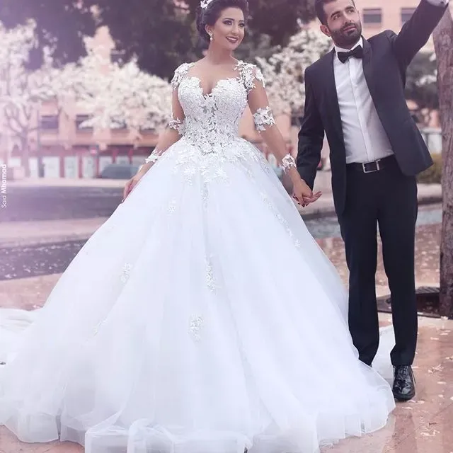 Abiti da sposa fiore di pizzo di marca abito da sposa romantico pakistano maniche lunghe trasparente indietro cina abito da sposa su misura