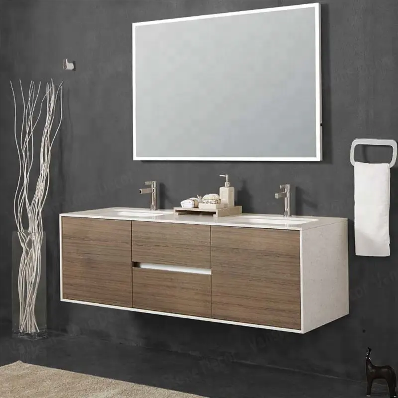 Pequeño y moderno esquina impermeable espejo LED de montaje en pared de madera maciza gabinete de baño de madera contrachapada con fregadero