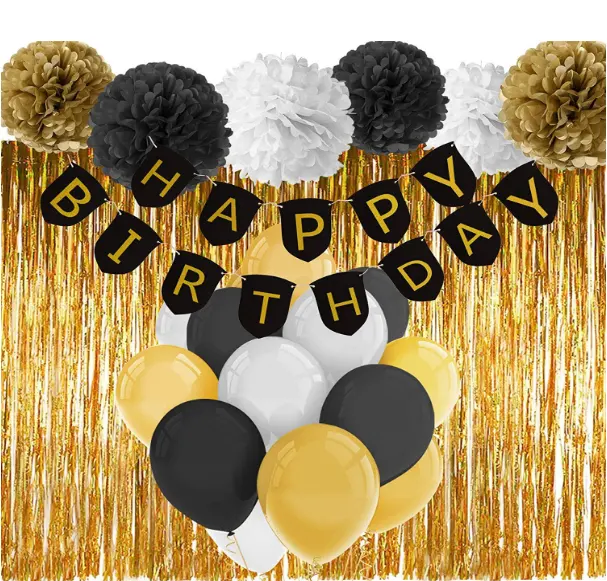 Noir et Or Joyeux Anniversaire Bannière avec Tissu Pom Poms Frange Rideau et Ballons pour les Décorations De Fête