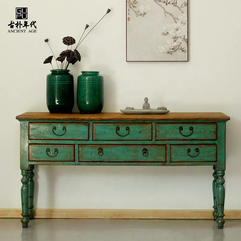 Consolle di riproduzione del lavoro in legno consolle di mobili folk cinese in vernice vintage invecchiata consolle shabby chic con cassetti
