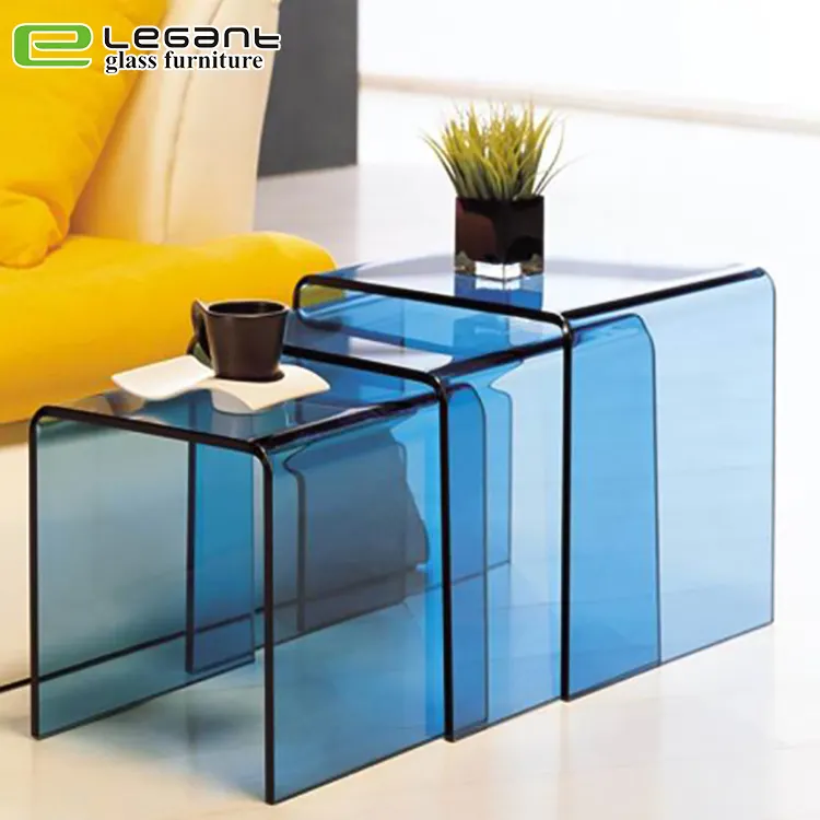 Mesa de centro de cristal curvada de Color azul, mesa de anidación de cristal