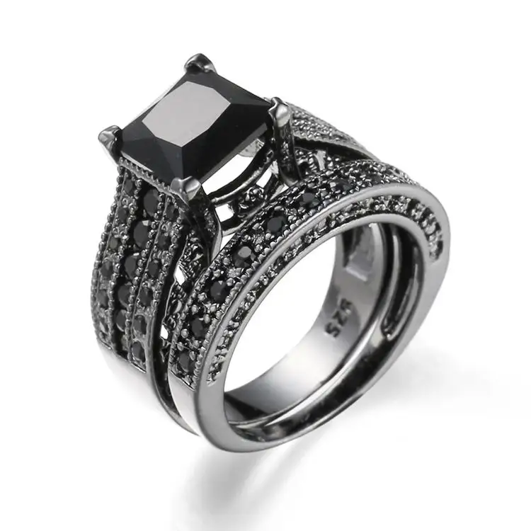 Anel de casamento, preto banhado a ouro de cobre material principal casal anéis de noivado conjunto de anéis
