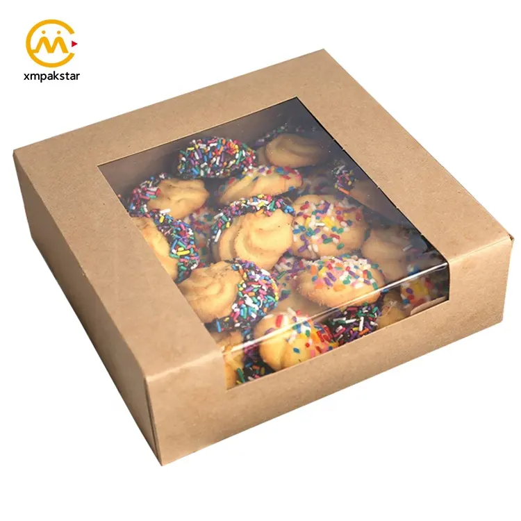 Caja de papel kraft marrón personalizada ecológica, plegable, macaron, galleta, donut, aperitivos, alimentos, con ventana de PE