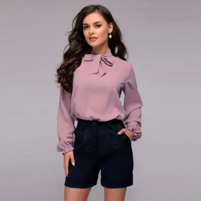 Blusa informal de Chifón con manga larga para Primavera, camisa elegante con lazo para mujer, color liso, Estilo Vintage