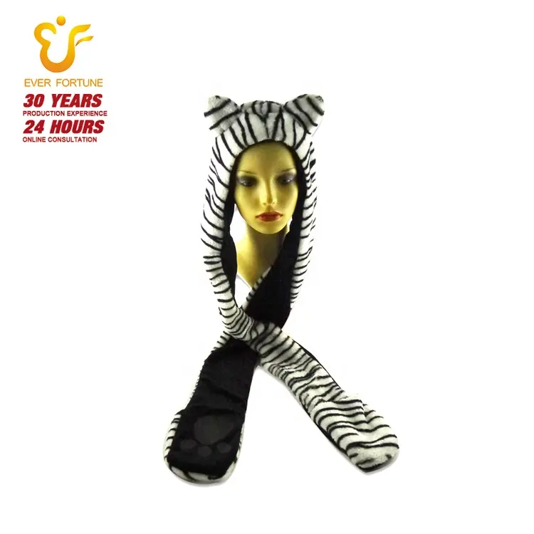 Furry faxu fur animal bufanda con capucha sombrero guante conjunto, patrón de tigre sombrero de invierno esponjoso, divertido animal de felpa sombrero bufanda y patas mitones