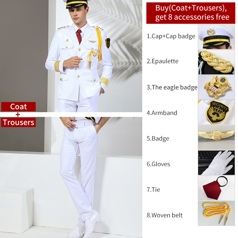 Costume uniforme blanc + casquette blanche + Badge 3 + 6 accessoires