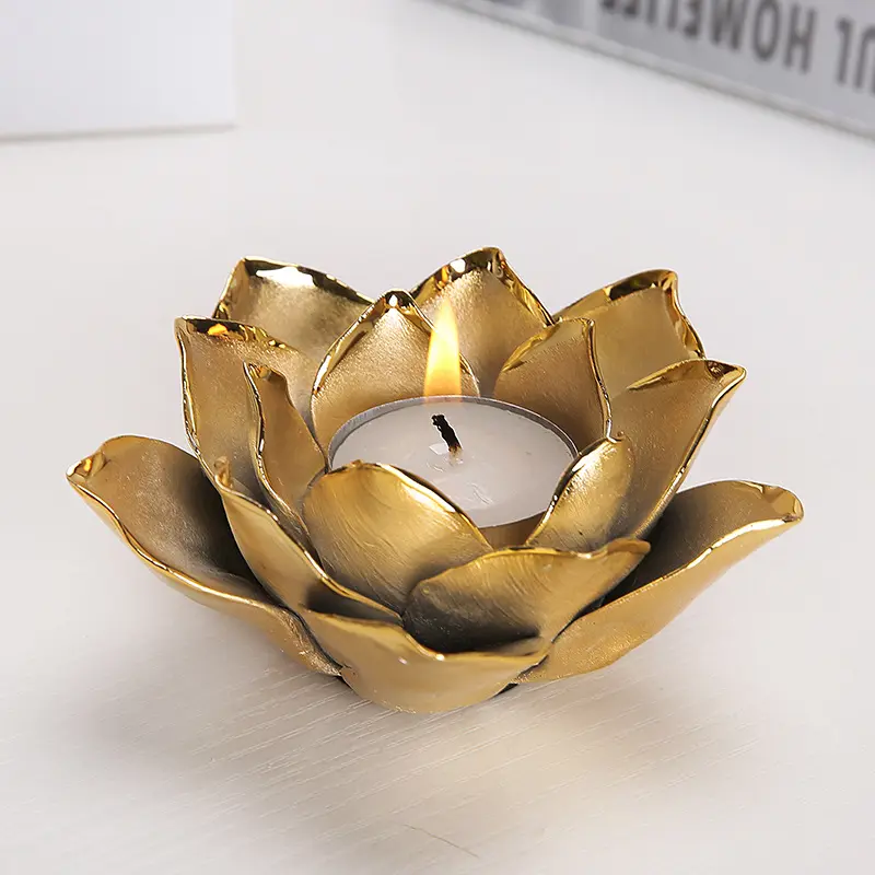 Ev masa dekoratif lüks lotus çiçek altın seramik çay ışığı mumluk