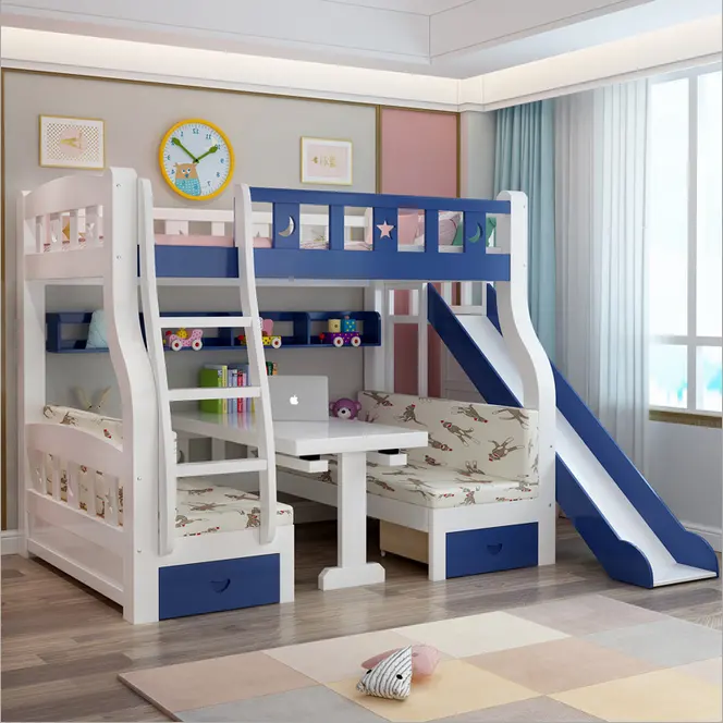 Factory Direct Sale Pine Sky Blue Multifunction Wooden Boys Bunk Bed Kids Bunk Bed With Slide