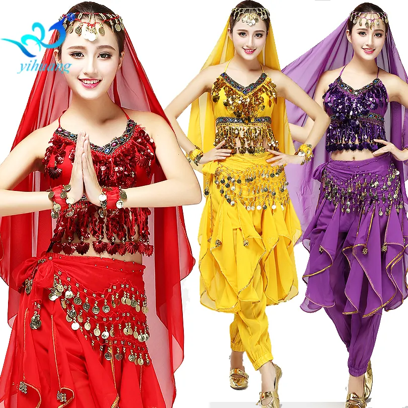 Traje de baile, conjunto de 6 uds., trajes de actuación, trajes de danza del vientre Oriental, disfraces de Bollywood, venta al por mayor india, mujeres hechas a mano