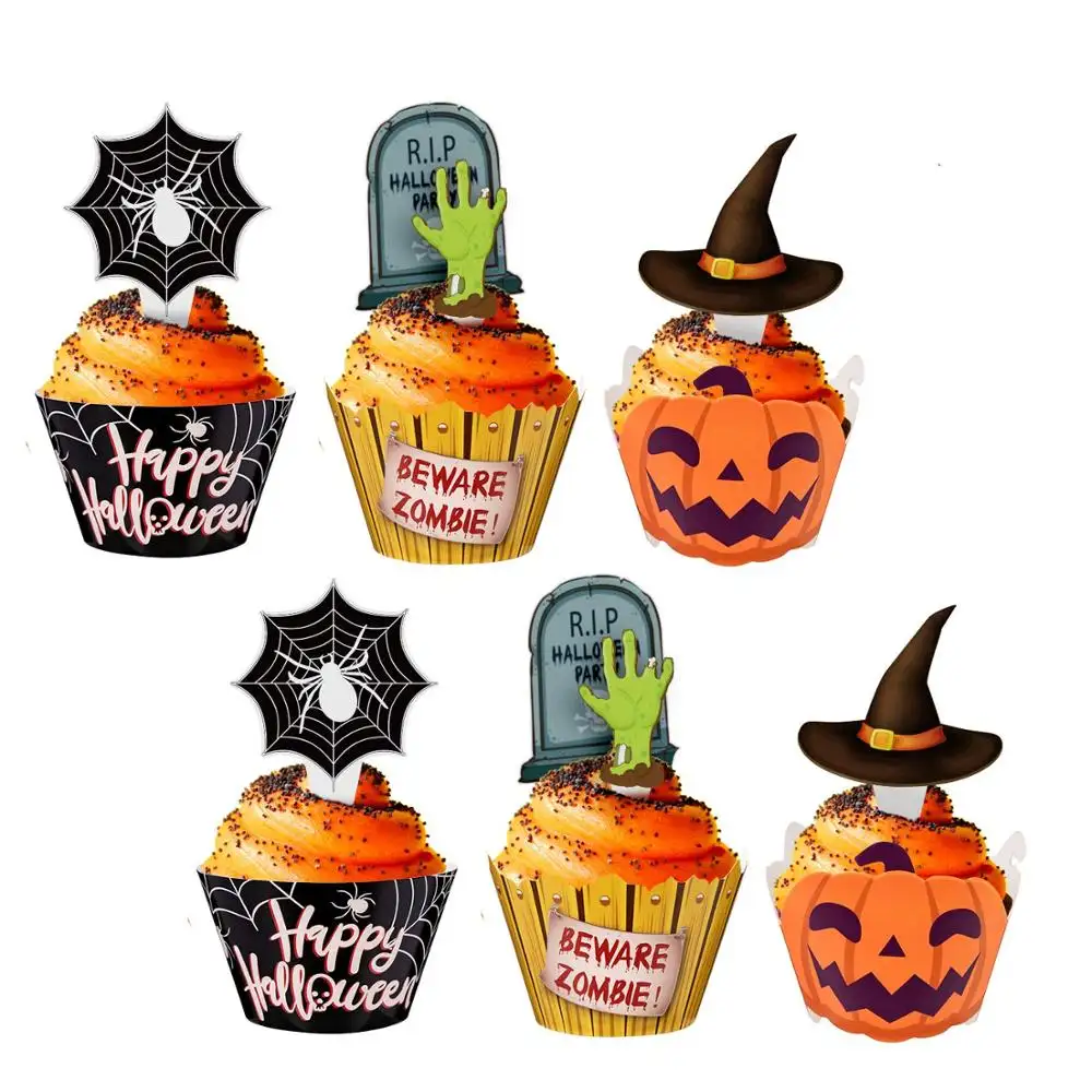 Emballages de Cupcake d'halloween toile d'araignée citrouille Zombie main gâteau décorations de fête fournitures