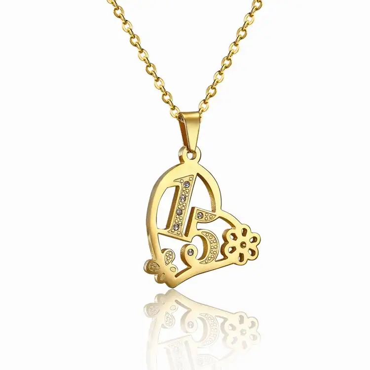 Stainless Steel Jewelry 15 Years Gift Letter Flower Gold Pendant Necklace