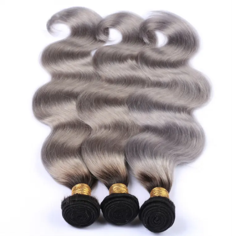 Wholesale Grey Brazilian Human Hair Weaving 1b Grey Ombre Remy Two Tone Hair Extension Grey Hair Top Closure