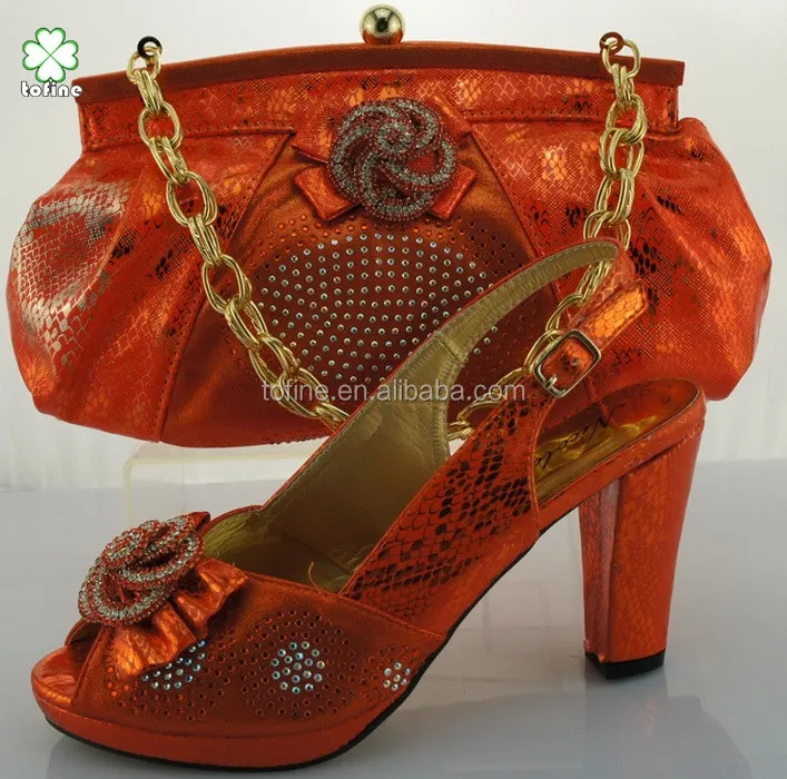 buona qualità ingrosso moda arancione abbinamento scarpe e borsa fissata per le signore da sposa