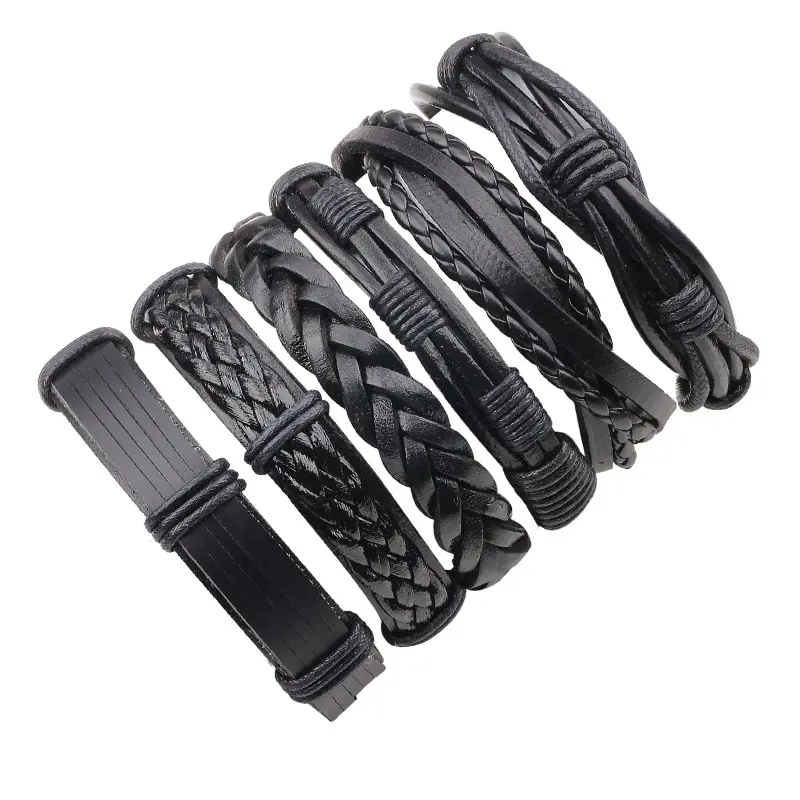 All black braided leather cord handmade men jewelry bracelet, DIY combination stackable affordable genuine leather bracelet