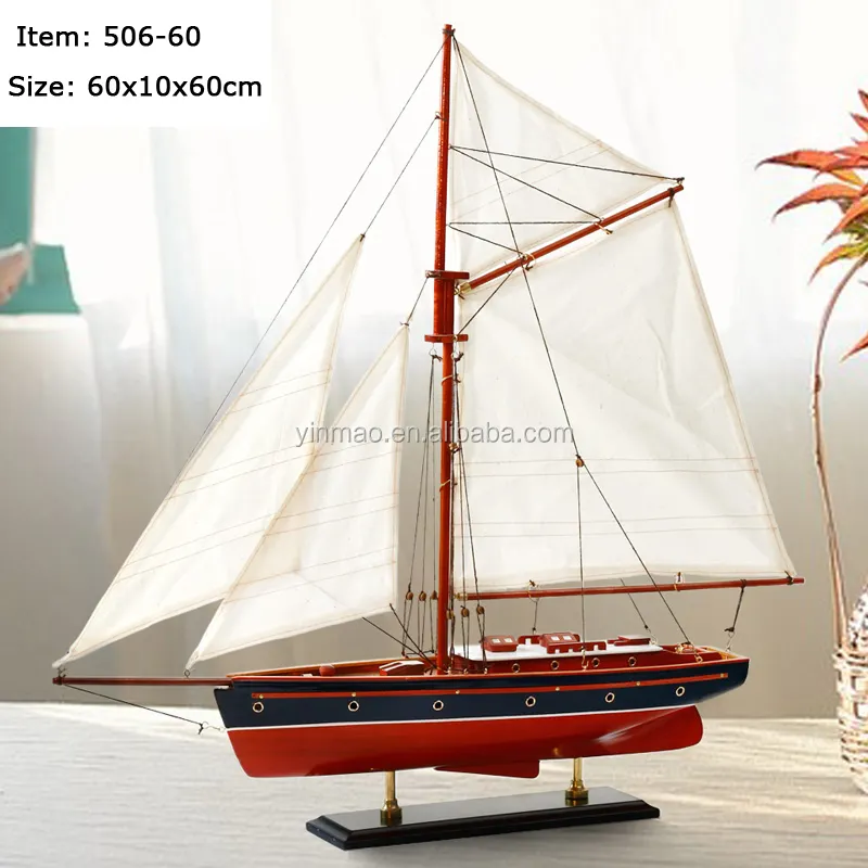 60cm de longitud, modelo de velero de un solo mástil de madera, modelo de yate de barco con acabado rojo moderno