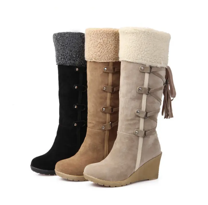 Winter Schnürung mit Quaste hohen Frauen Oberschenkel hohe Stiefel für Damen Fersen Keil Schneeschuhe