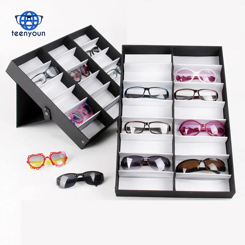 18 그리드 안경 쥬얼리 시계 디스플레이 케이스 안경 보관 컨테이너 홀더 주최자 블랙 컬러 럭셔리 선글라스 디스플레이 박스